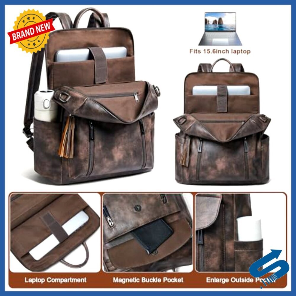 Leather Laptop Backpack Professional Water-Resistant Travel Daypack Casual Work - Picture 6 of 6